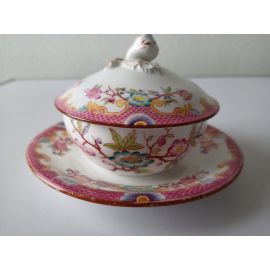 Beurrier couvert en porcelaine Sarreguemines diam 10.5 cm décor n°216 éclat sous couvercle